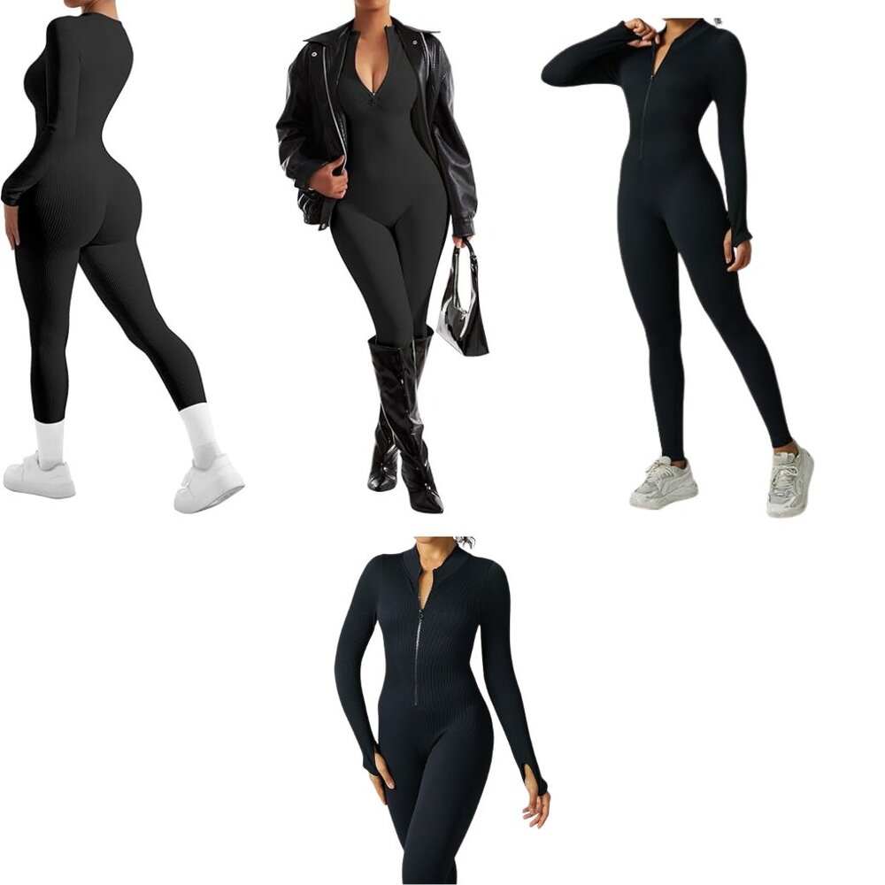 Women's Jumpsuits Ribbed Long Sleeve Zip Front Sport Bodysuits Yoga Seamless One